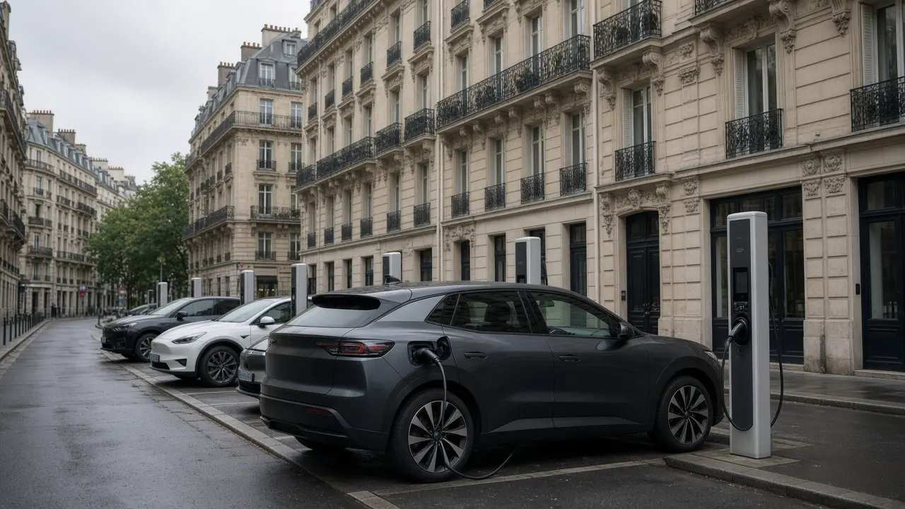An electric crossover on a European city street in daylight, with people on the sidewalk in the distance