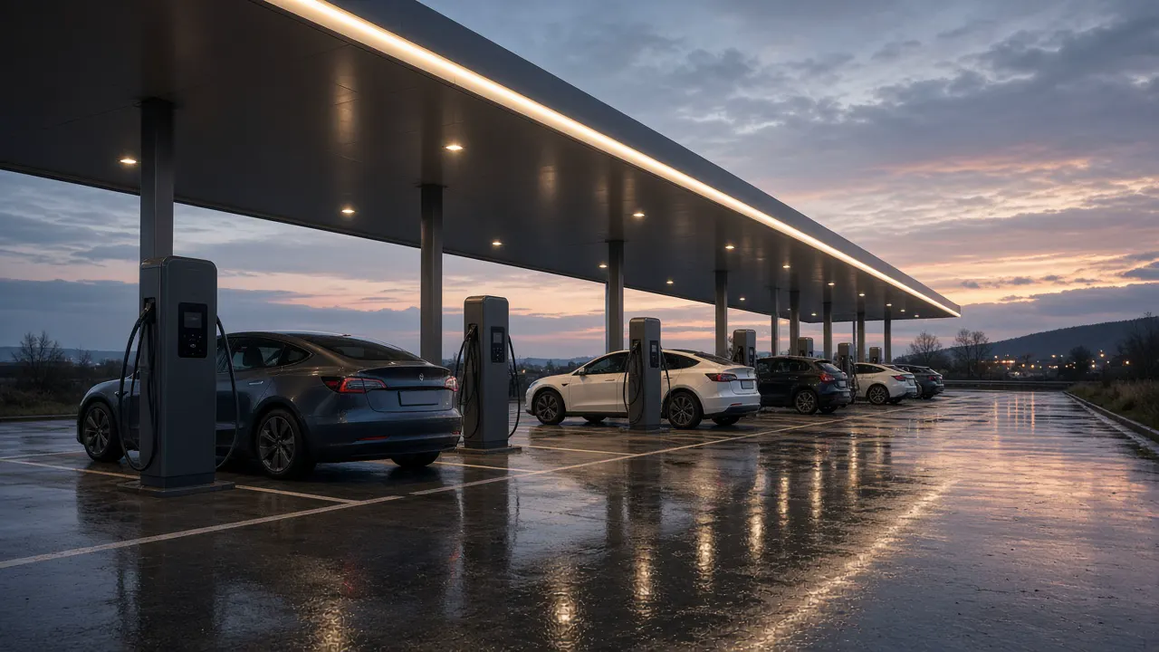 Several electric cars parked in a row at an outdoor charging hub, with no people in the frame