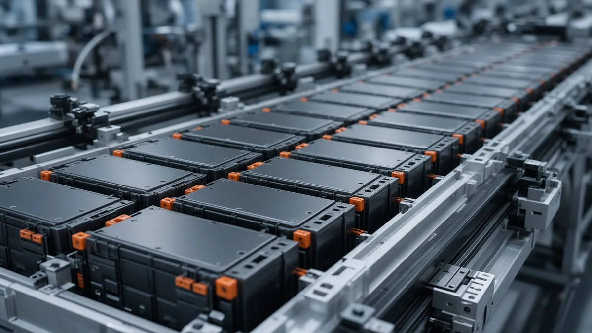 Black battery modules with orange connectors lined up on an automated production line in a factory, with no people
