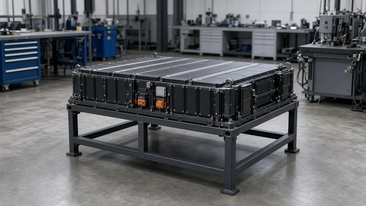 A large electric-vehicle battery pack resting on a steel stand in a clean workshop, with tool cabinets and test benches behind