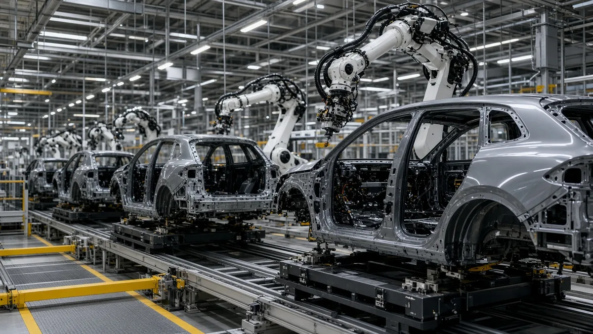 Robot arms working on rows of unpainted sport-utility vehicle bodies moving along a brightly lit factory assembly line, with no people