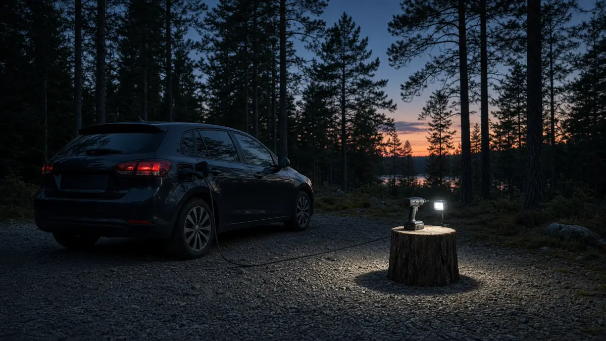 A dark hatchback at a campsite with a cable running to a drill and a work light on a stump, with no people