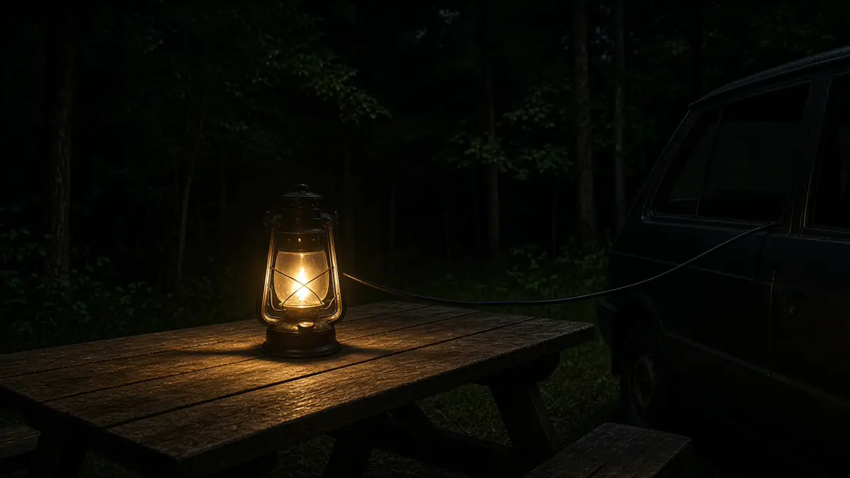A lit lantern on a picnic table with a cable running to a dark car at a campsite, with no people