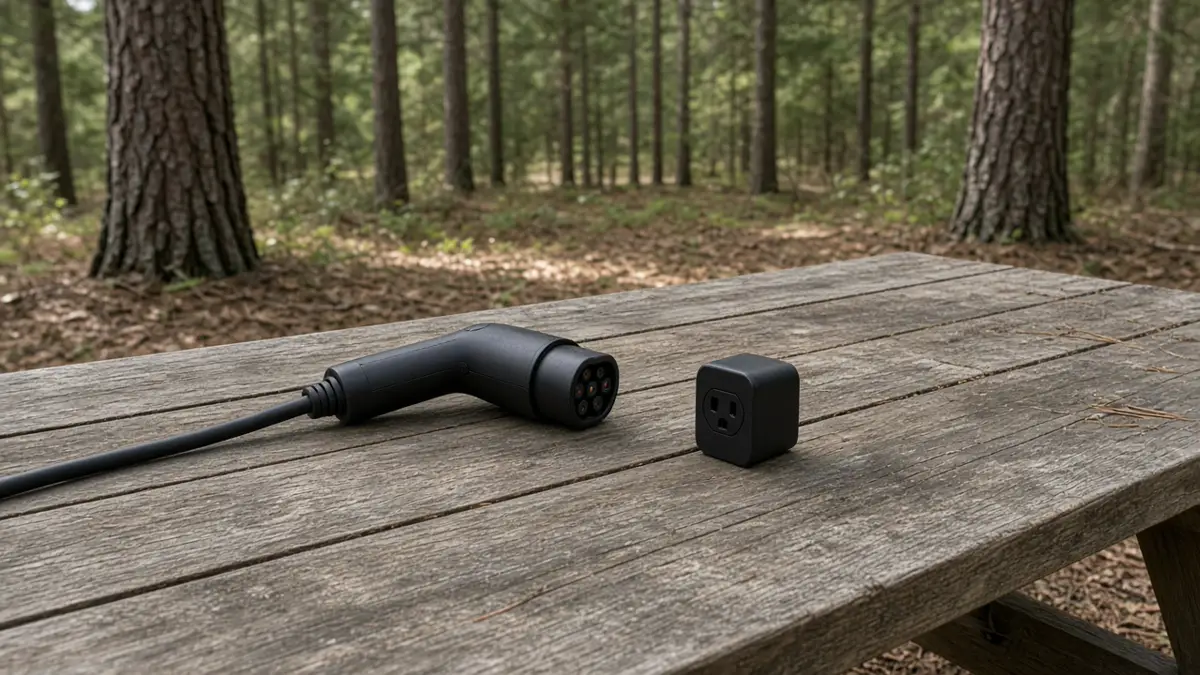 A plain charging connector and a small outlet adapter on a wooden picnic table in a pine forest