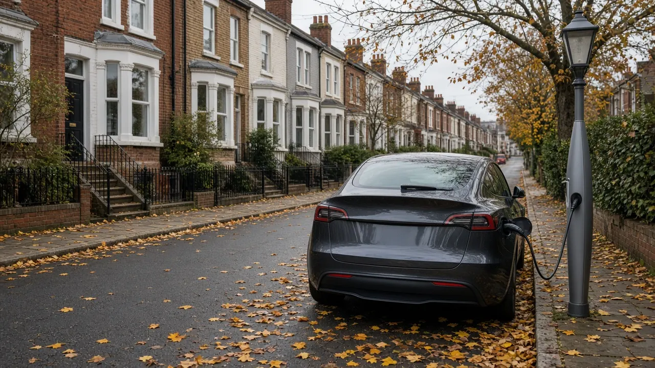 A dark grey hatchback plugged into a charger on a post along a terraced street