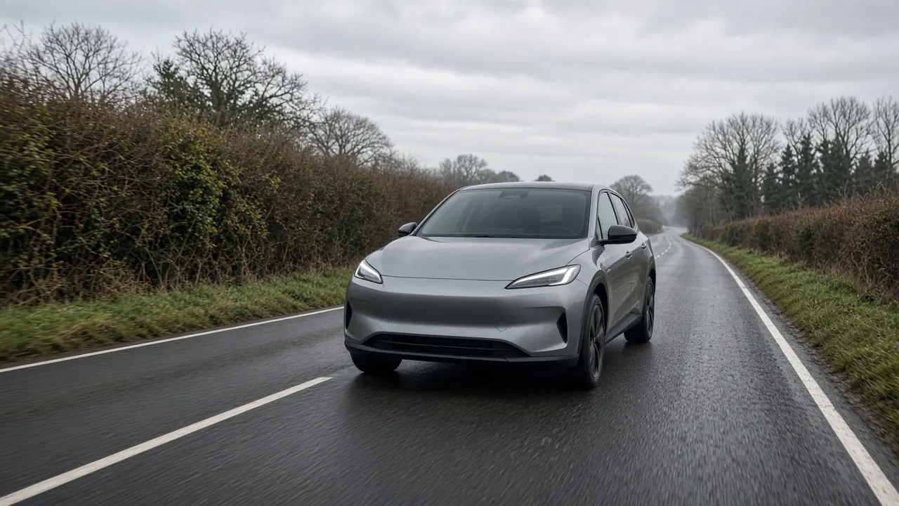 A grey hatchback on a wet country road between green hedges under a grey sky
