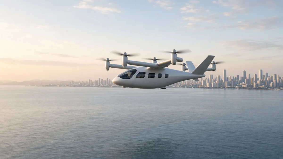 A white electric air taxi with six tilting propellers flying low over a calm bay with a city skyline in the distance at sunrise, with no markings