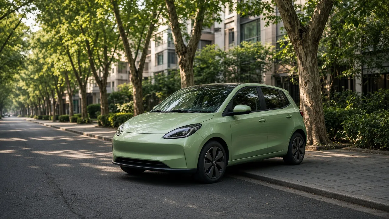 A light green compact hatchback parked on a city street in daylight, with no people and no readable badges