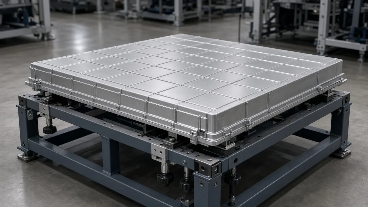 A silver rectangular battery pack standing on a metal frame in a bright workshop, with no logos