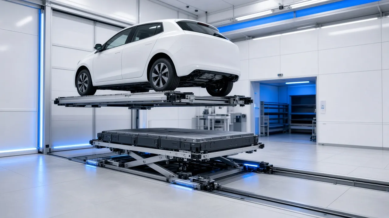 A battery-swap bay with a car lifted over a pack on a service lift, and no people in the frame