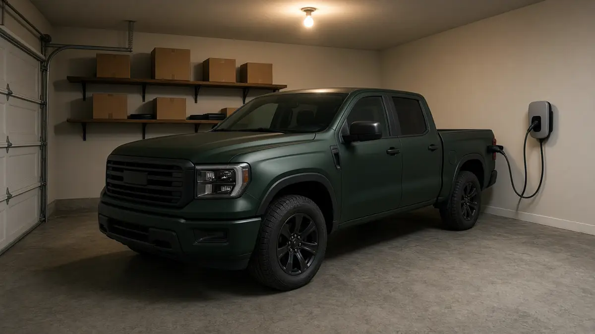 A dark green pickup truck plugged into a plain wall unit inside a residential garage, with no badges and no people