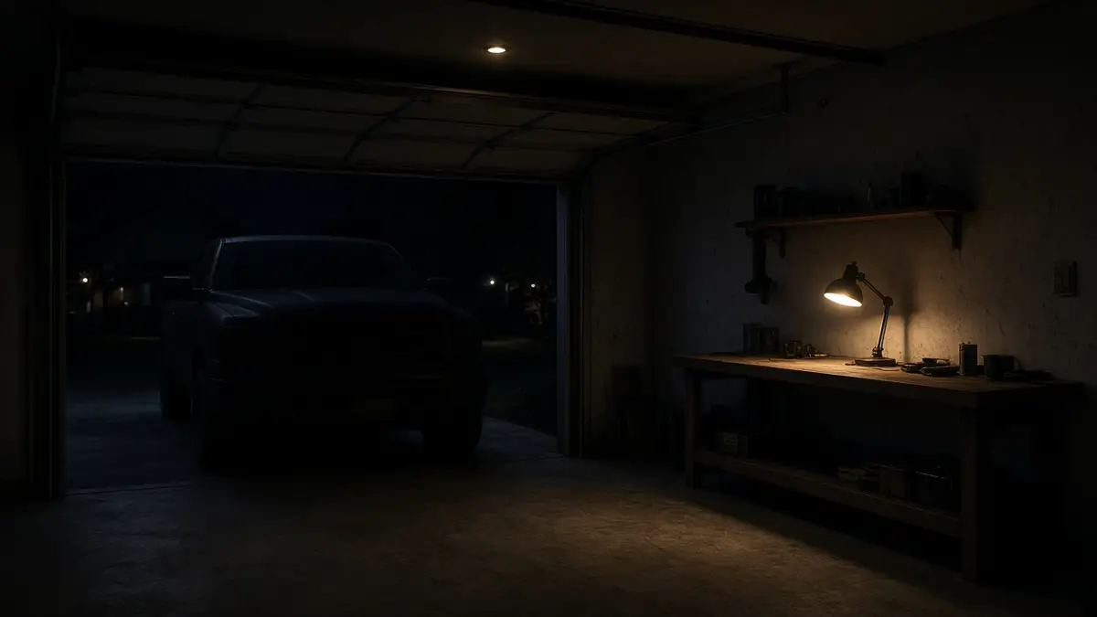 A dark garage at night with a pickup in the doorway and one work lamp lit on a bench, with no people