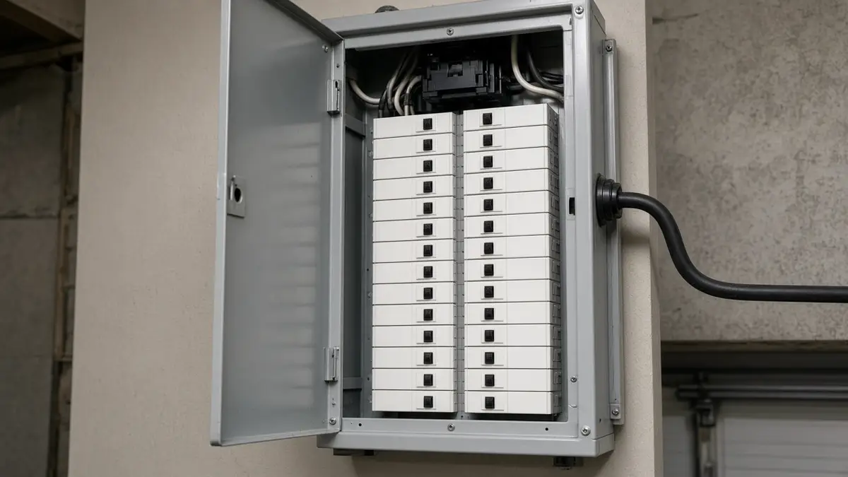 An open residential electrical panel with blank breakers and a thick black cable, with no readable labels