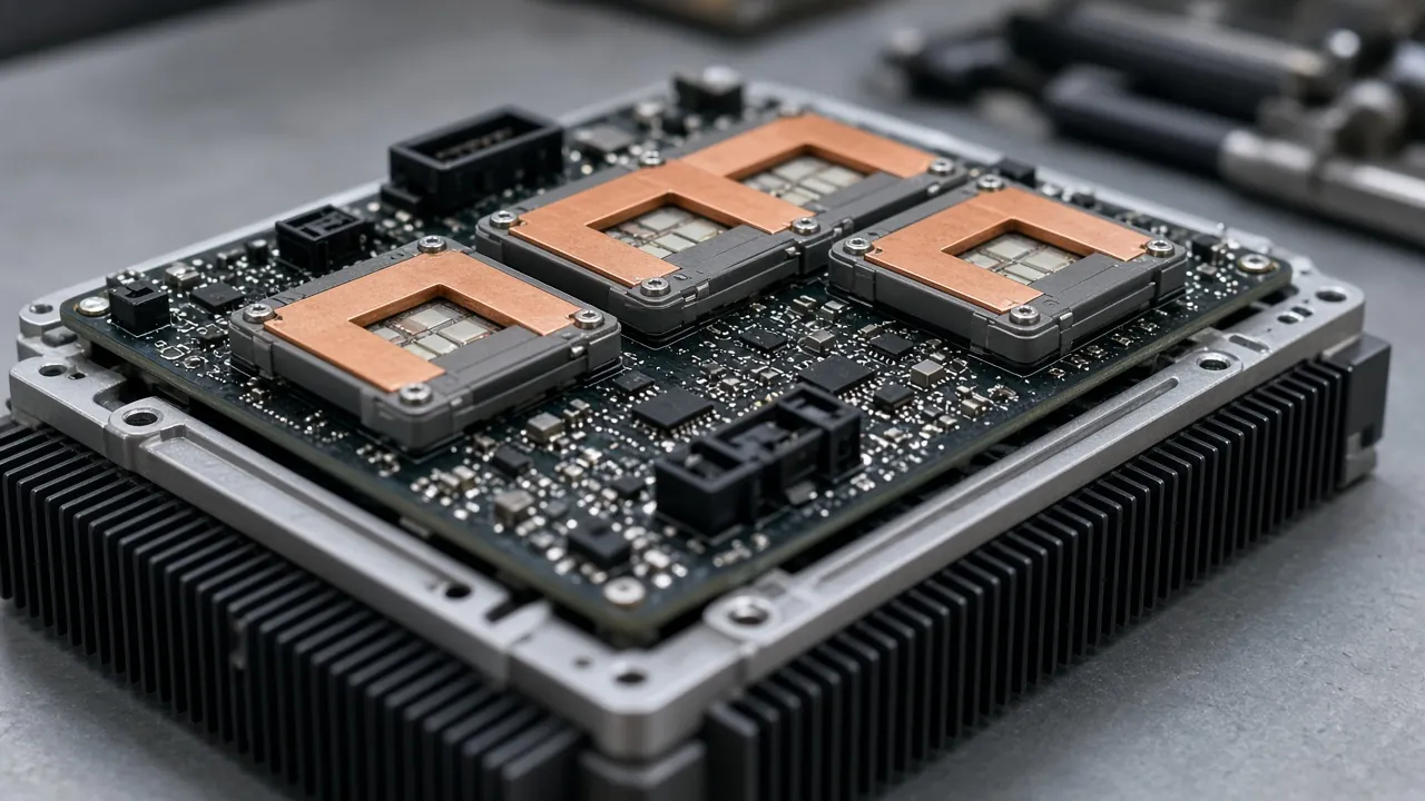 A power-electronics circuit board with capacitors and connectors on a bench, with no readable brand names