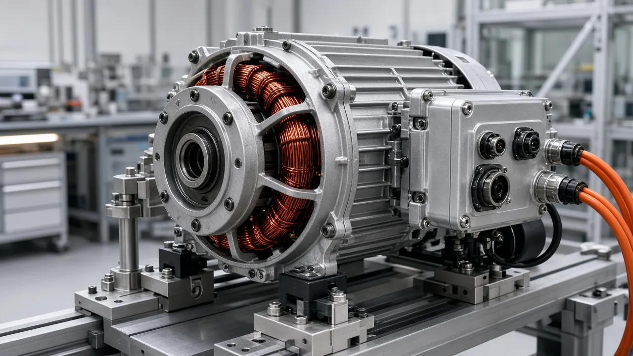 An electric motor mounted on a test stand in a workshop, with no readable nameplates