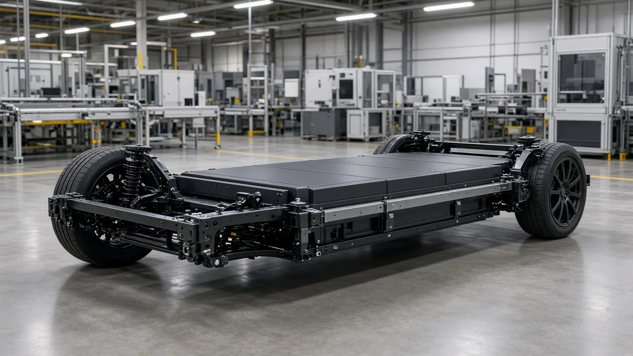 A bare skateboard-style electric-vehicle chassis on a factory floor, with no badges
