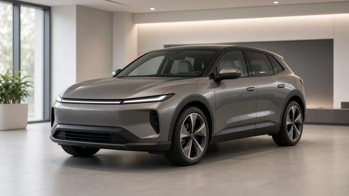 A grey compact electric sport-utility vehicle with a slim light-bar headlamp on display in a bright, empty showroom