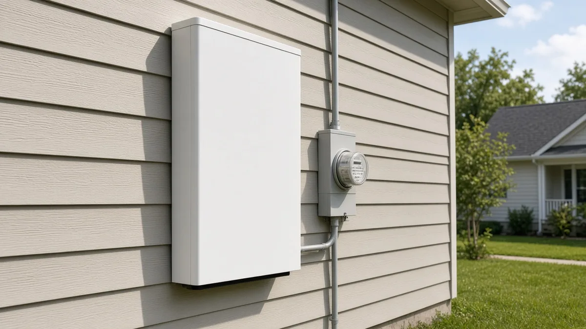 A plain white home battery cabinet mounted on the side wall of a suburban house next to an electricity meter, with a lawn and no people