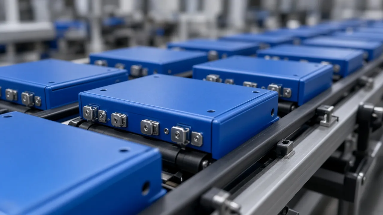 Blue rectangular battery cells standing in rows on a dark table, with no labels