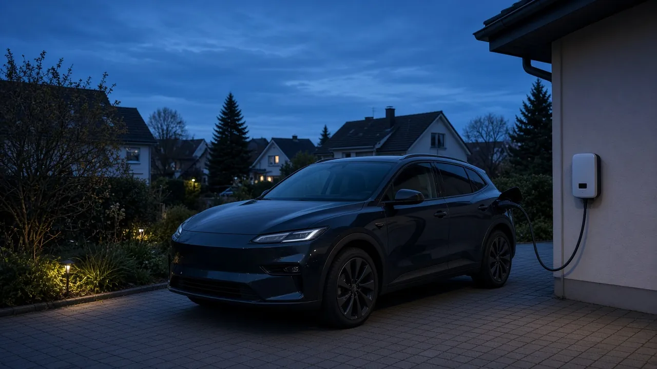 A grey crossover parked at a home wallbox at dusk, with a cable running to the car and no people in the frame