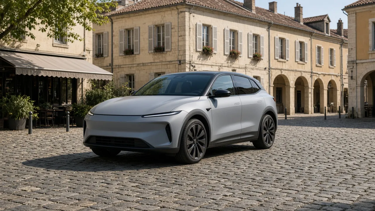 A grey compact crossover parked in a European city square with stone buildings behind it, and no readable badges