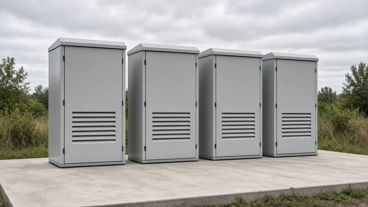 Four plain gray metal cabinets on a concrete pad, with vents and no labels or people