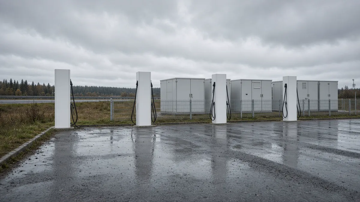 White charging posts and gray outdoor cabinets beside a wet highway lot, with no logos and no people