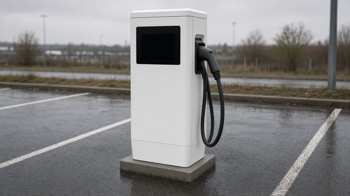 A white charging pedestal with a holstered black cable on wet asphalt, screen blank, with no logos or people