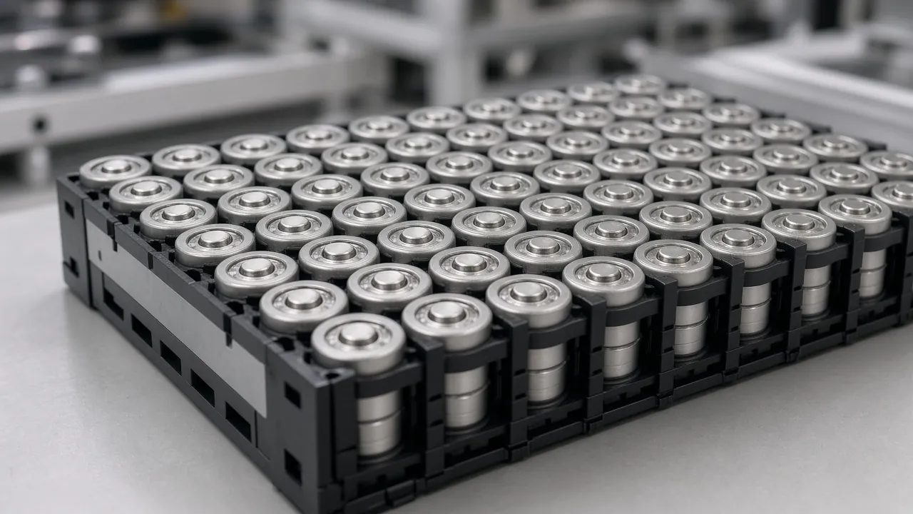 Rows of cylindrical battery cells in a module on a workbench, with no readable labels