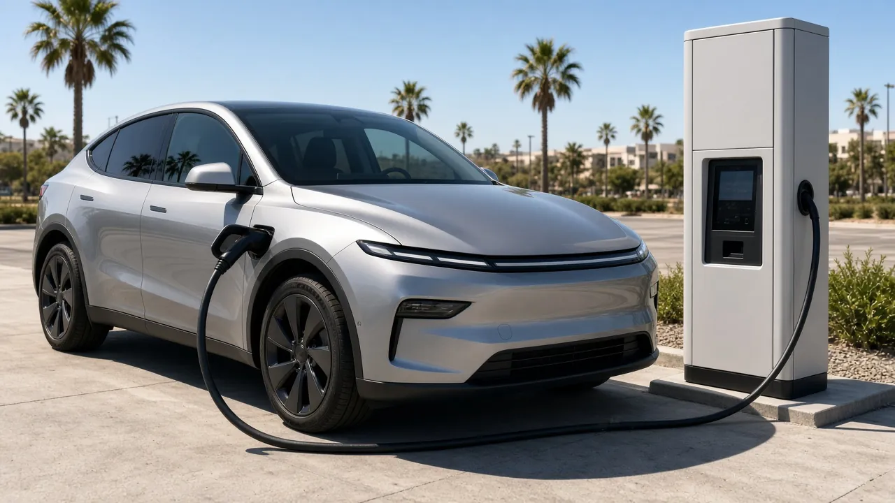 A silver sport-utility vehicle parked at a DC fast charger, with palm trees behind it and no readable badges