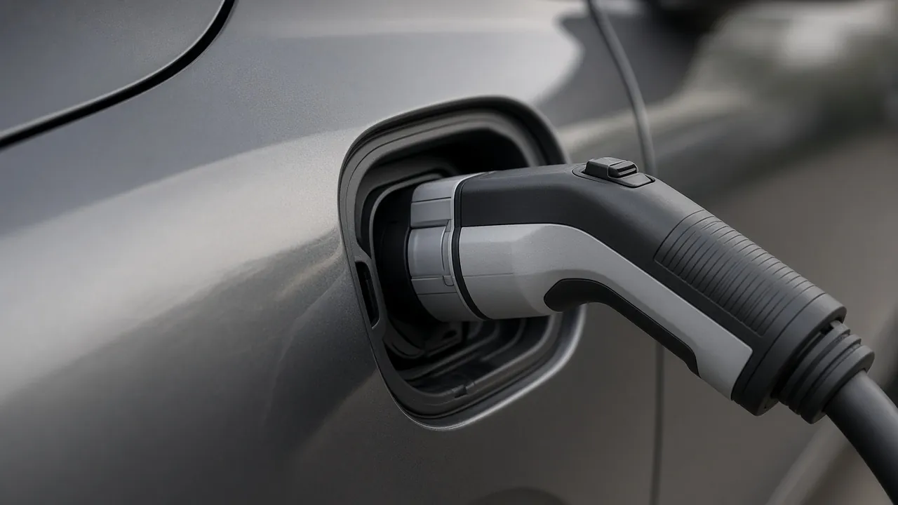 A charging connector seated in the port of a light-colored vehicle, with no brand marks visible