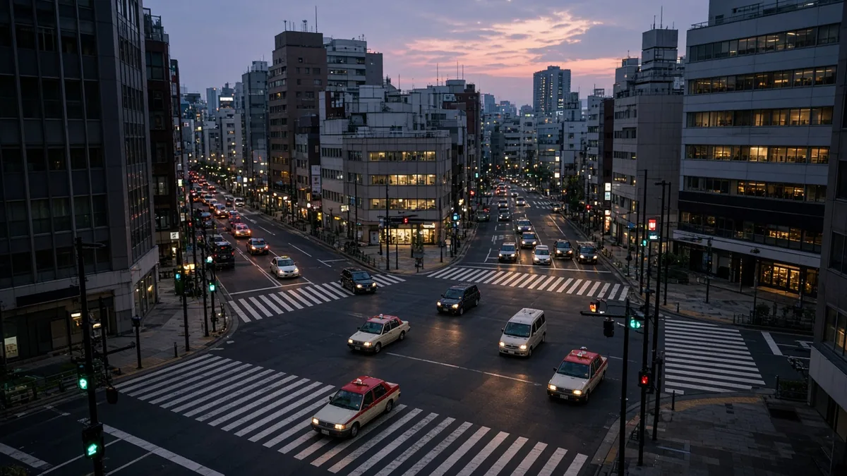 A wide city intersection in Japan at dusk, with taxis and cars crossing striped pedestrian crossings between office buildings