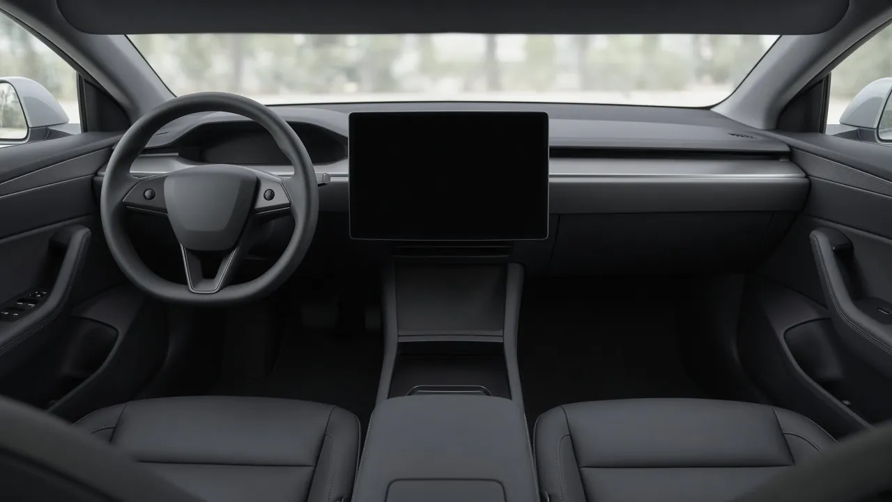 A minimal car interior with a large central screen and empty front seats, and no readable logos