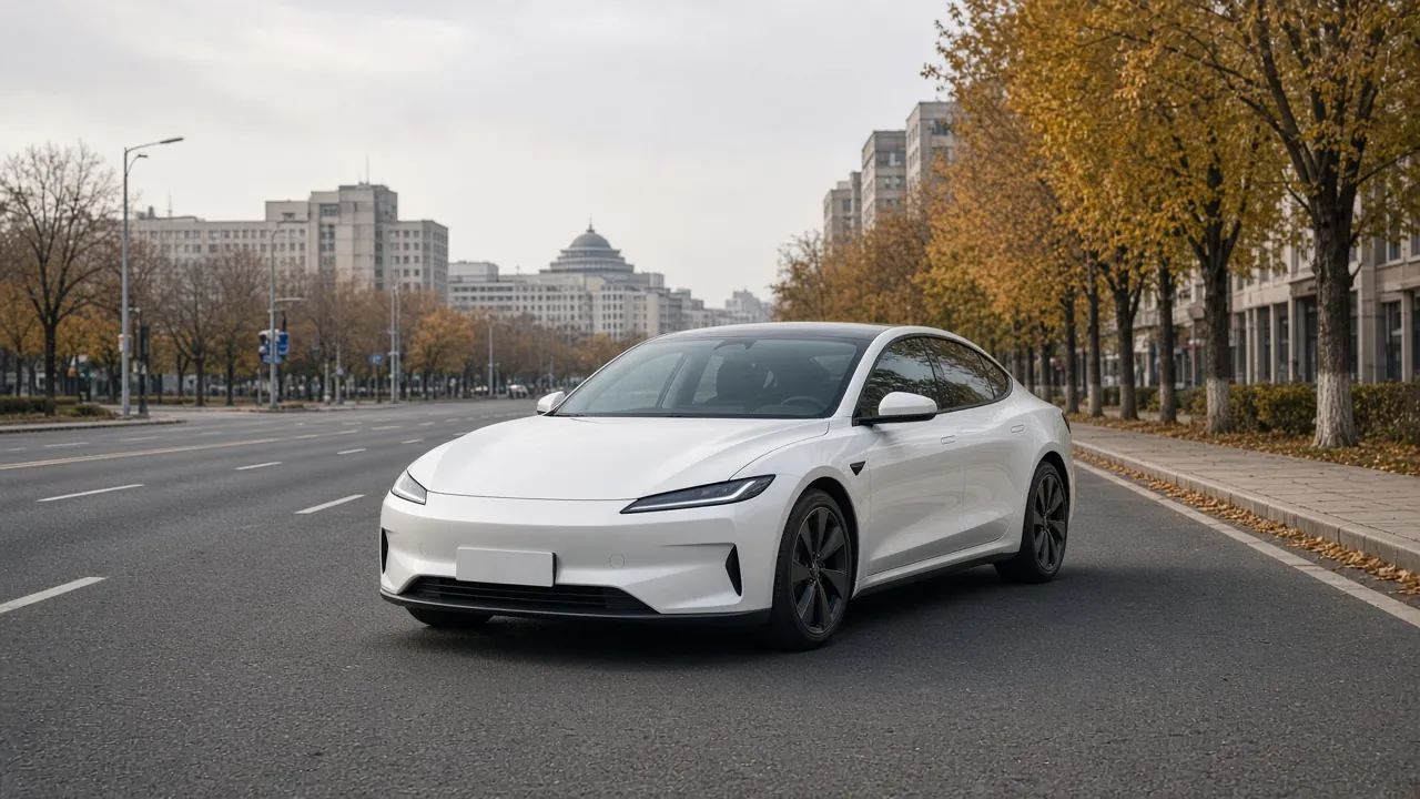 A white sedan on a city boulevard with autumn trees, and no readable badges