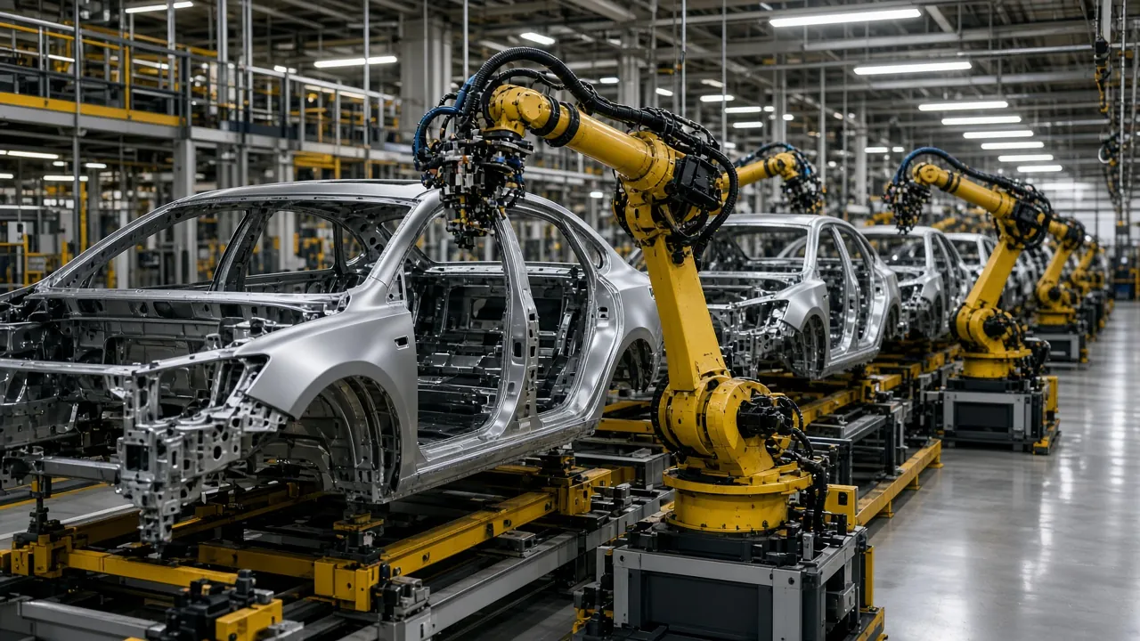 Car bodies moving along an assembly line with industrial robots, and no readable badges