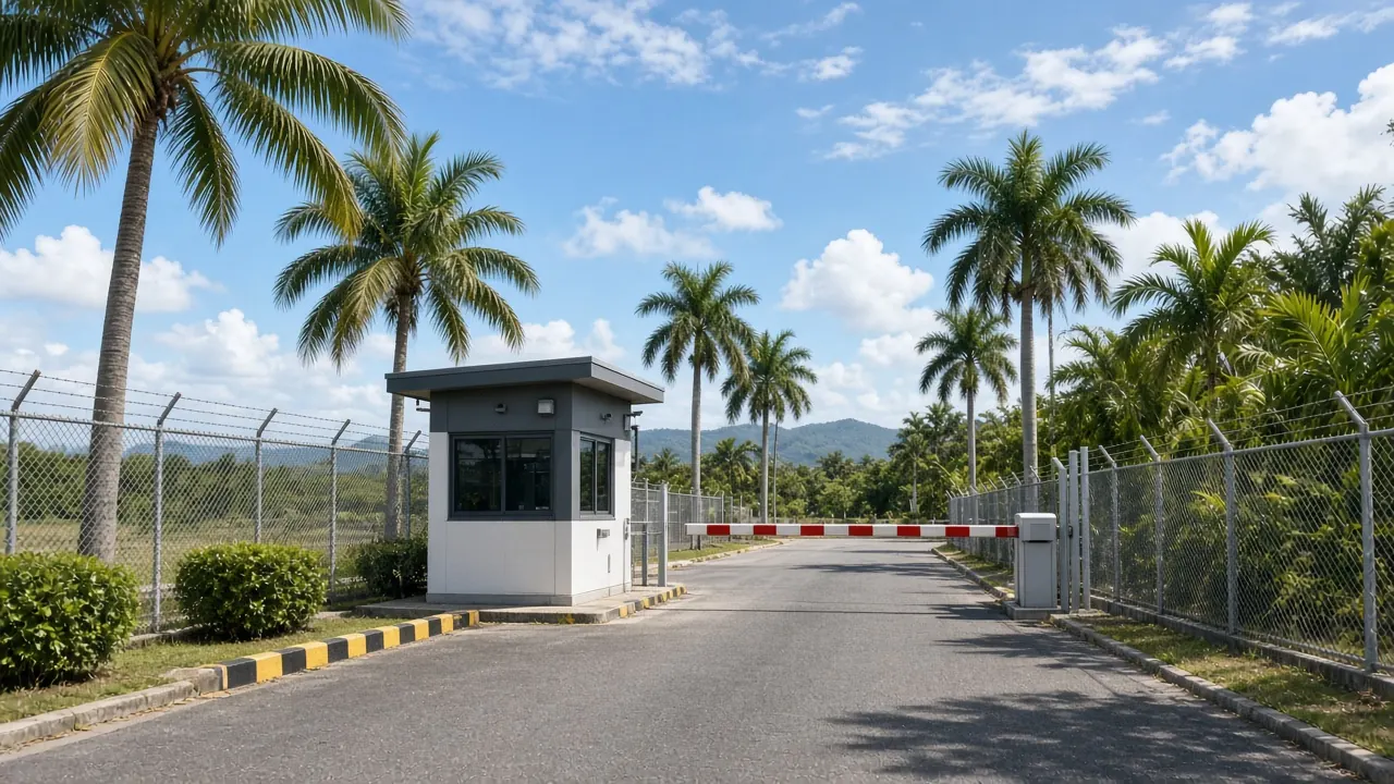 A gated checkpoint with a booth, a lowered barrier arm, and palm trees, with no readable signs
