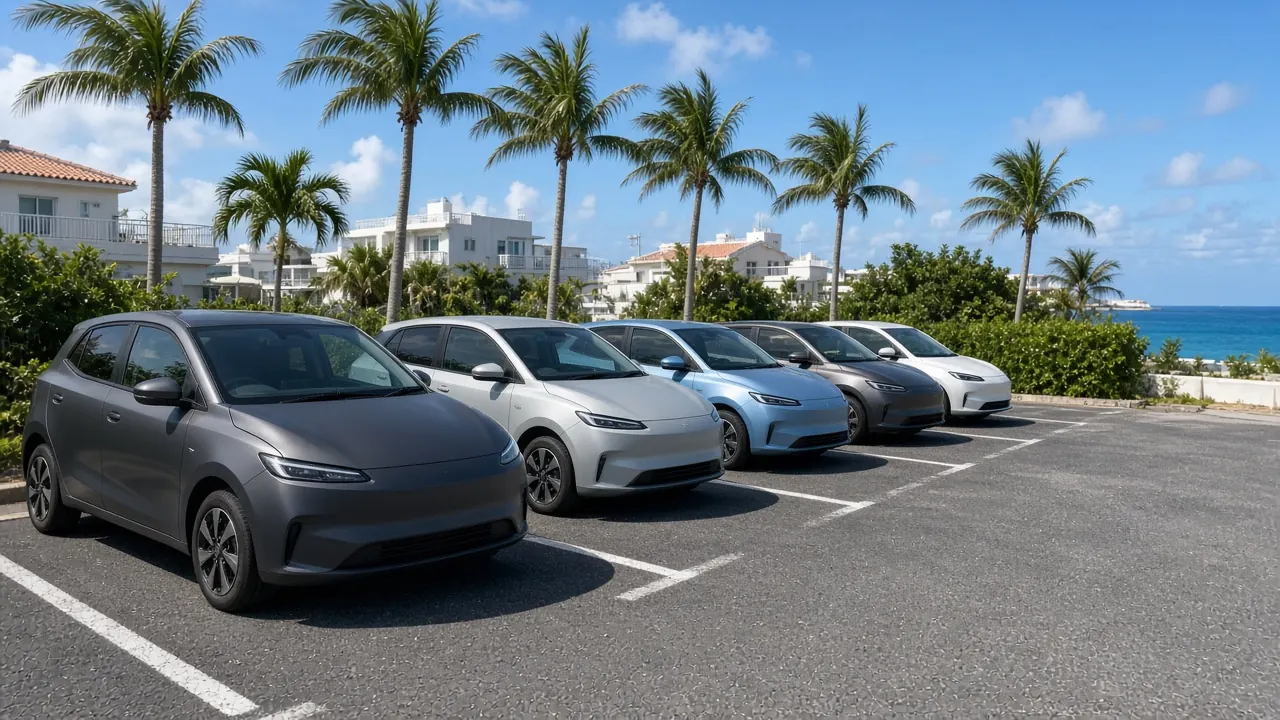 A row of small cars in a seaside parking lot, with the ocean and a breakwater behind them