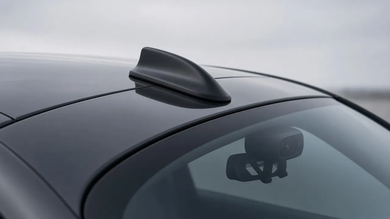 A roof antenna fin and a small camera at the top of a windshield on a white car
