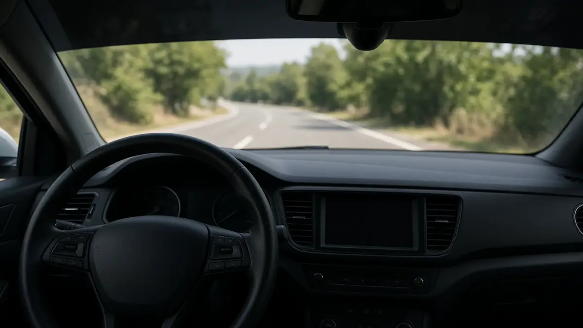 An empty car interior with a steering wheel, a blank screen, and a small camera by the mirror, with no person