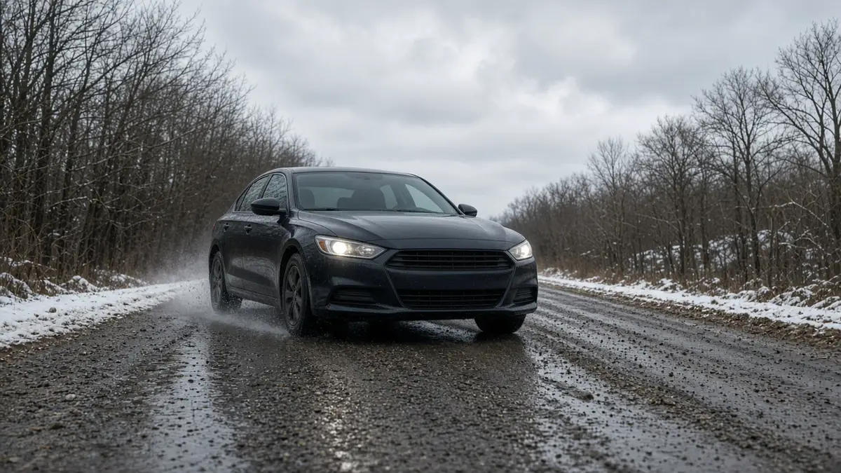 A dark sedan on a wet gravel road with snow along the shoulders and bare trees, with no plates and no people