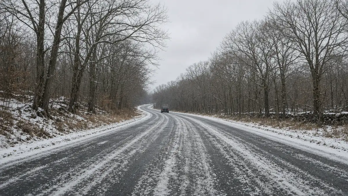 A salted winter road through bare trees with a distant unbranded car, and no signs or people