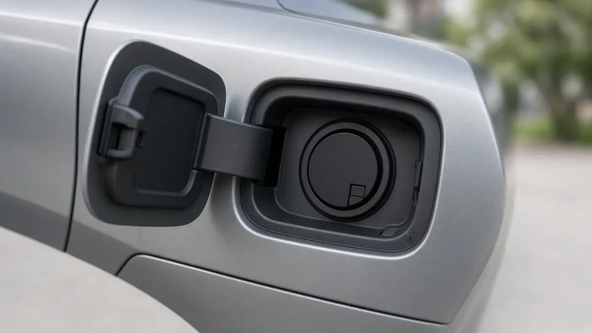 An open charging-port door on a silver car, showing a plain inlet with no brand marks or text