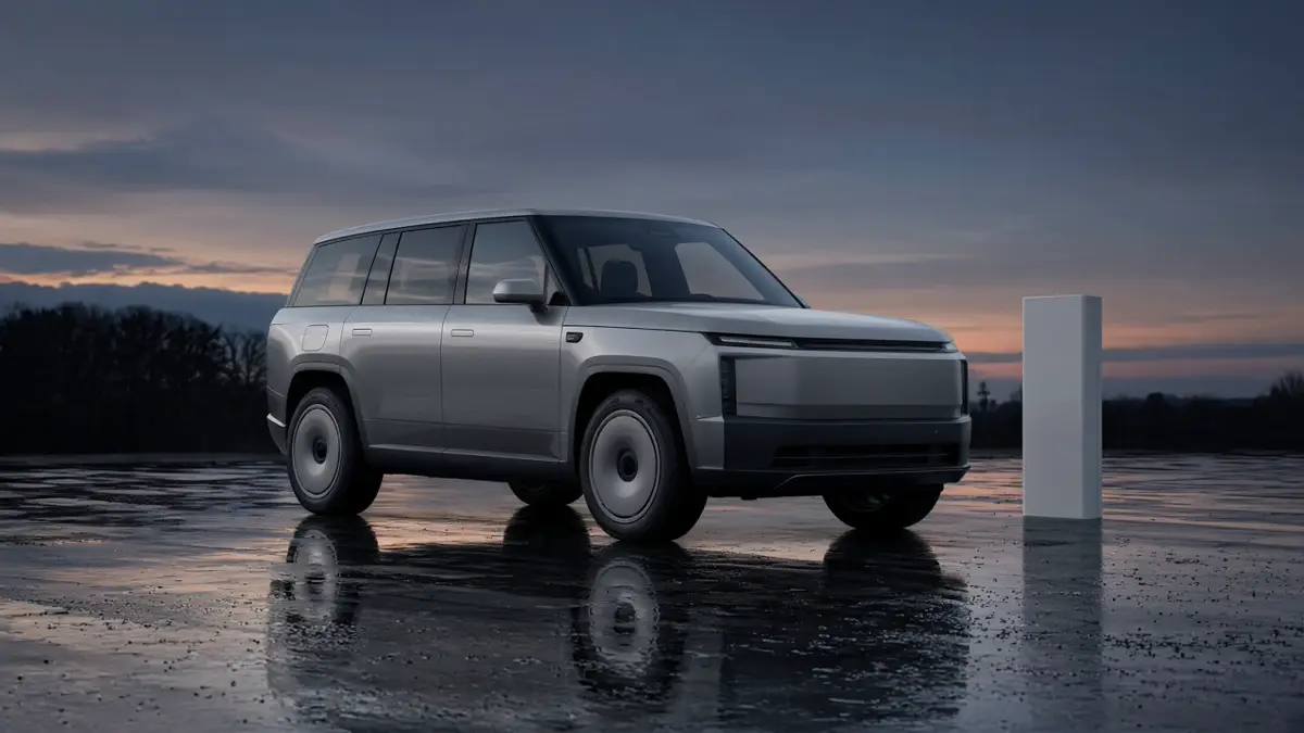 A silver upright SUV on wet pavement beside a plain white charging post, with no emblems and no people