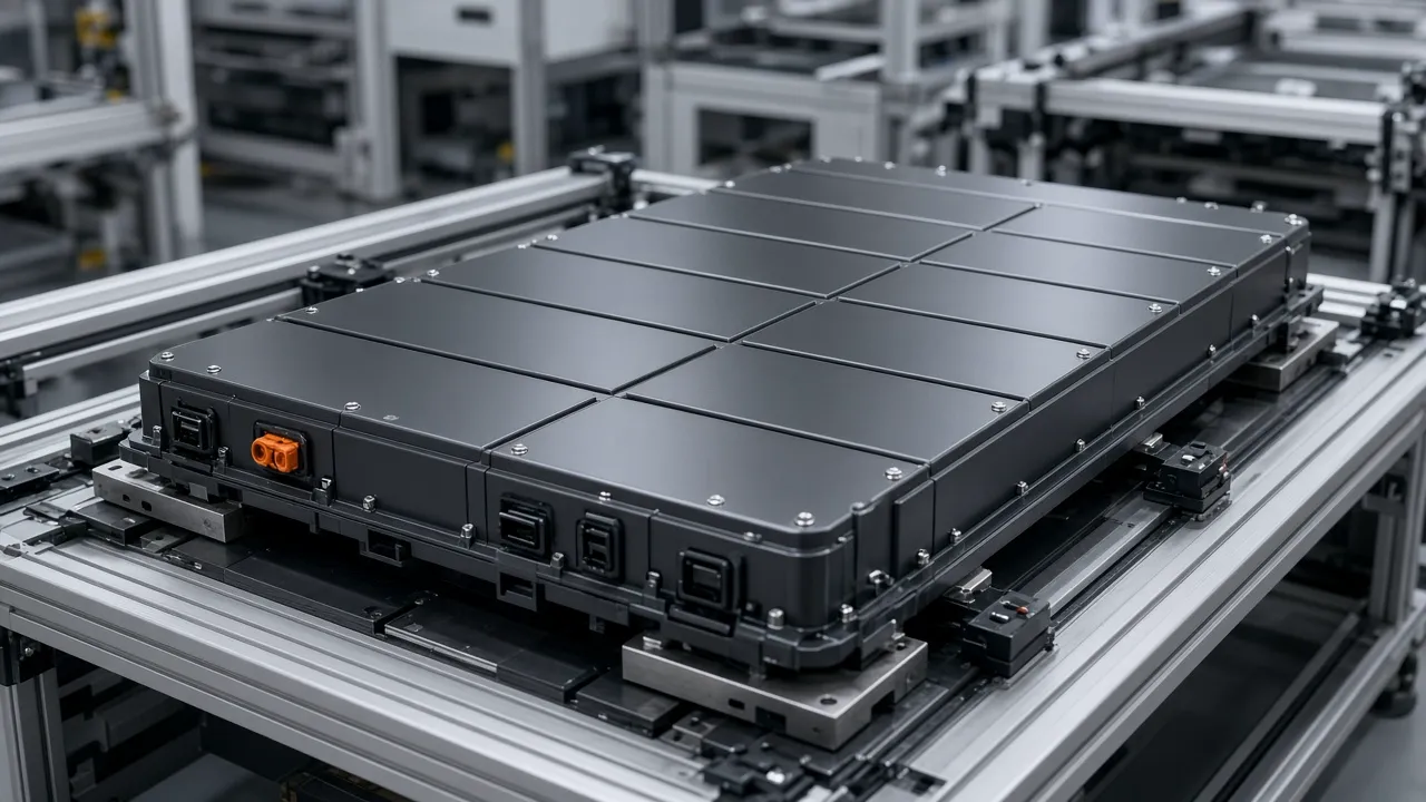 A large flat battery pack on a factory test bench, with no readable logos