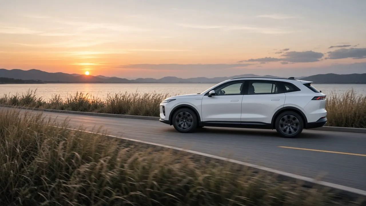 A white SUV on a lakeside road at sunset, with no readable badges