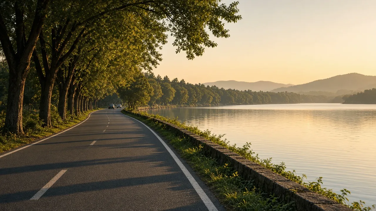 A tree-lined road beside a calm lake at golden hour