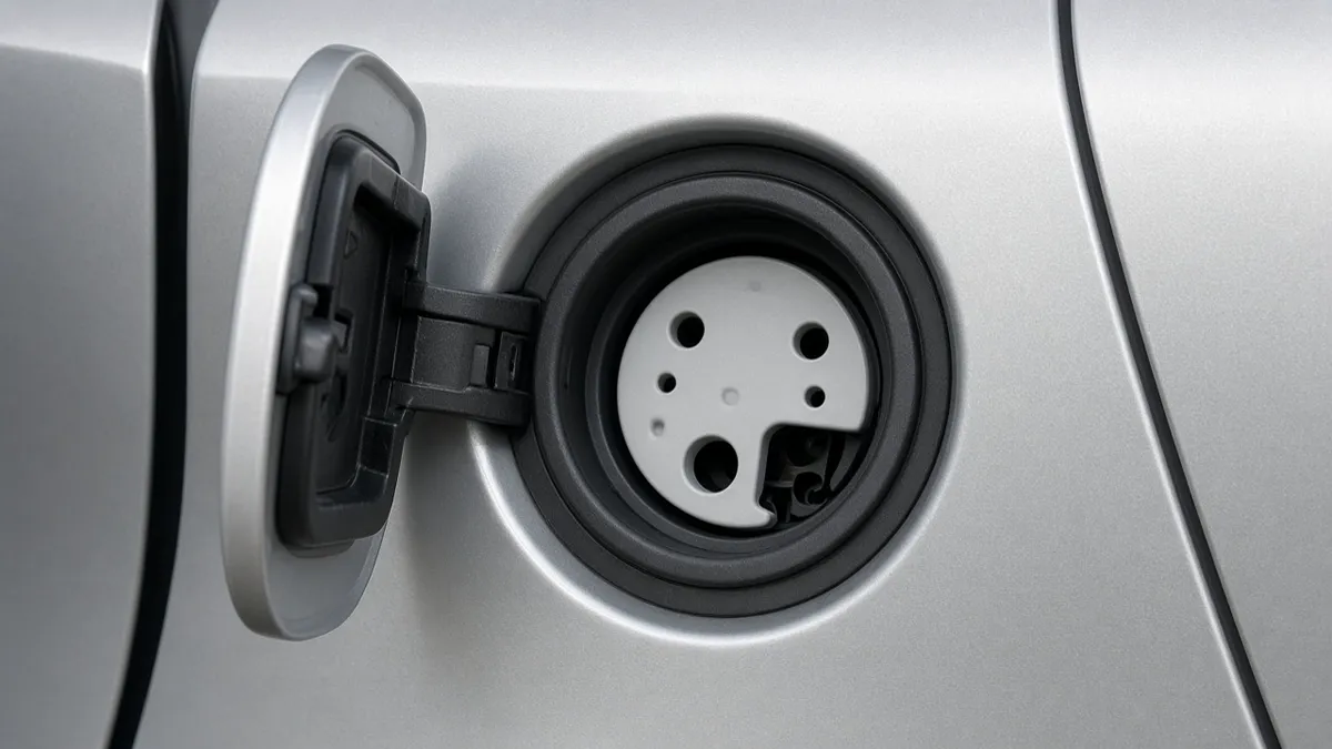 An open charging-port door on a silver car, showing a plain inlet with no badges or text