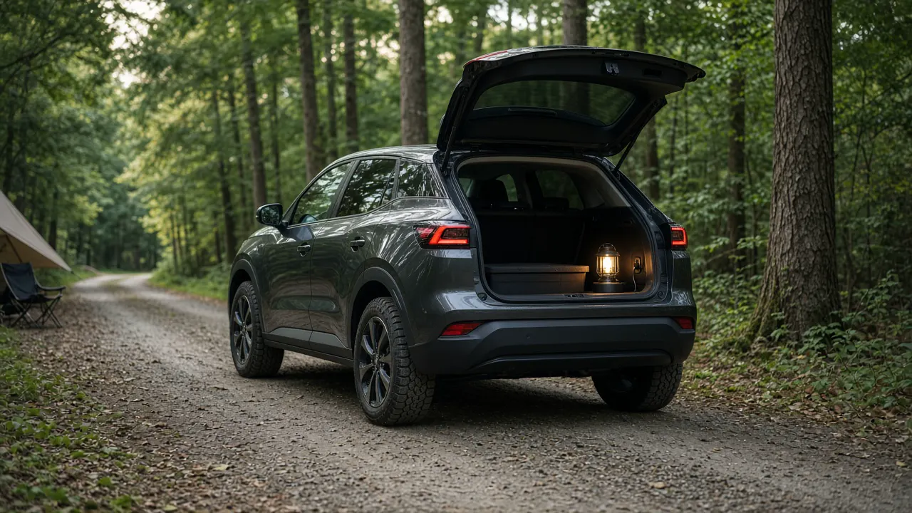 A blue-gray electric crossover on a dirt track among trees, with a distant figure on the trail