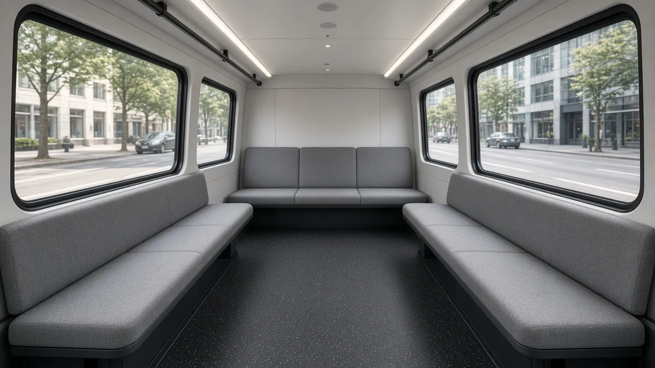 The empty interior of a small shuttle, with bench seats facing each other and no steering wheel