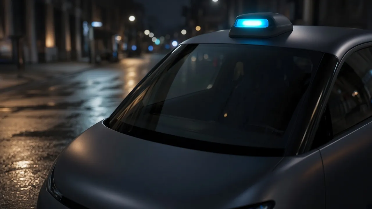 A small pod-shaped vehicle at night with a cyan lamp on the roof and a cyan light at the front